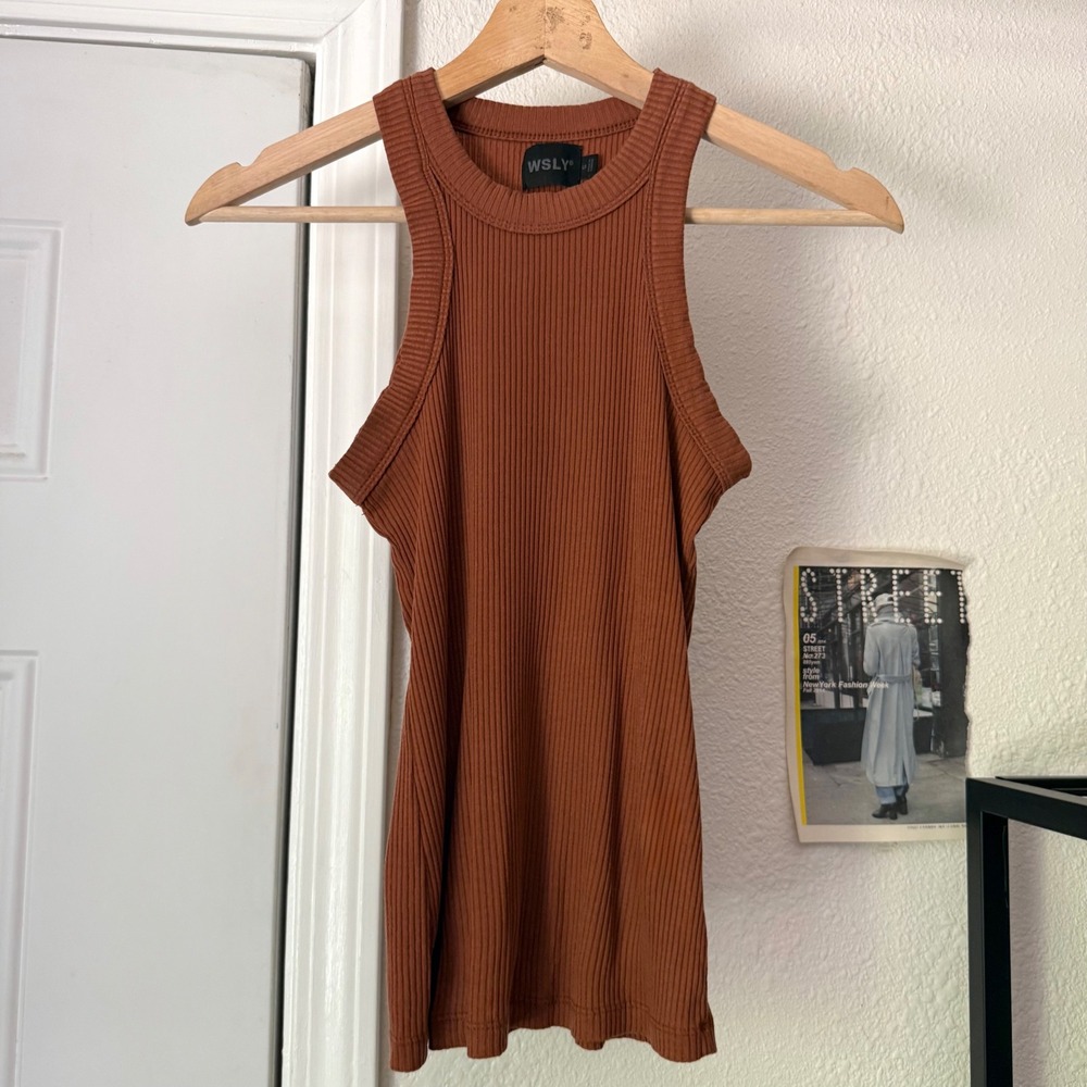 WSLY brown rust stretchy rib ribbed knit tencel spandex cropped baby tank top